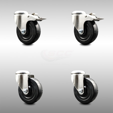 Service Caster 4 Inch 316SS Soft Rubber Wheel Swivel Bolt Hole Caster Set with 2 Lock Brake SCC-SS316BHTTL20S414-SRS-2-S-2